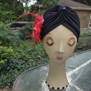 Black and Red Art Deco Hat with Floral Accent